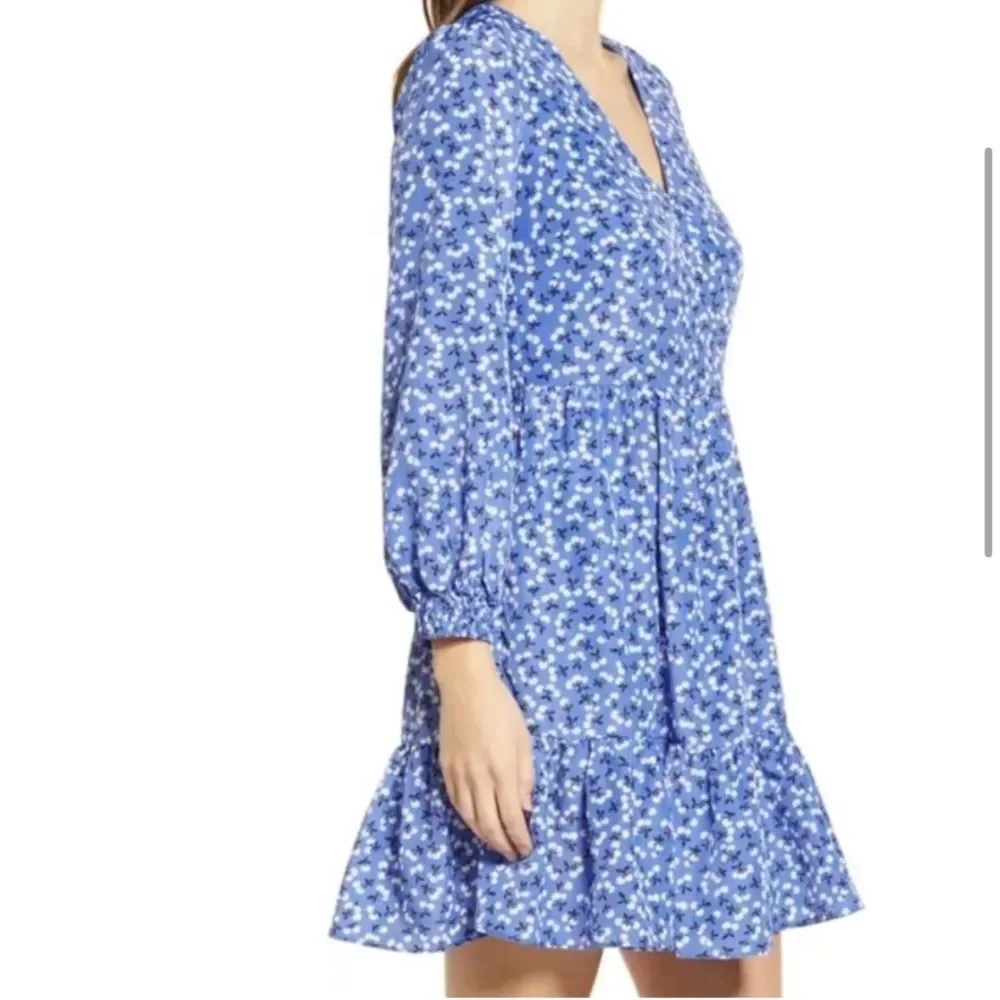 NWT Eliza J Blue Floral V-Neck Ruffle Skirt Mini Dress - Size 14